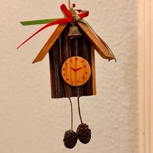Mini Wooden Cuckoo Clock Ornament Christmas Holiday Decor with Pinecones Bell
